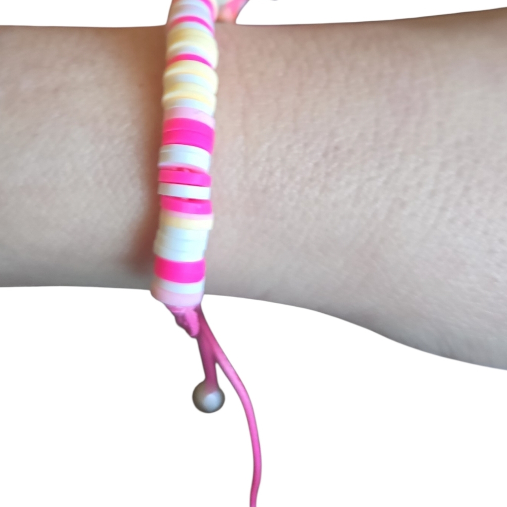 Pink Yellow Flower Beaded Bracelet • Adjustable Handmade Jewelry. 225 - Picture 4 of 4